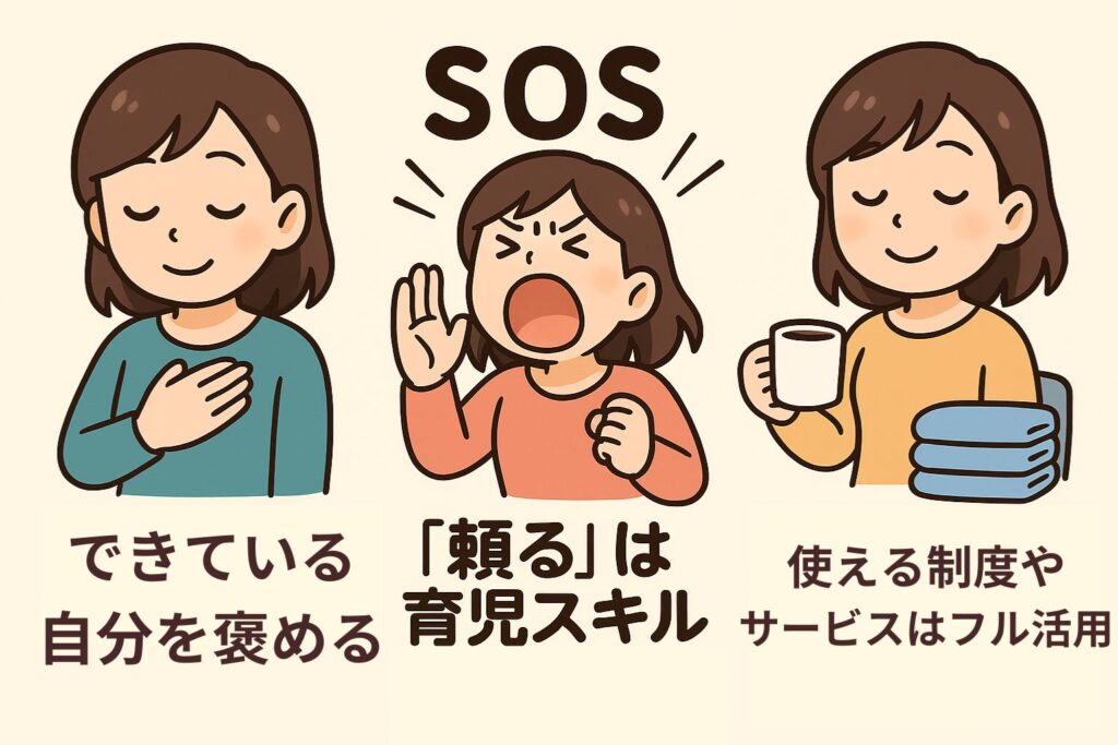 一人で抱え込まない為の小さな工夫図解
・できている自分を褒める
・頼るは育児スキル
・使えるサービスや制度はフル活用