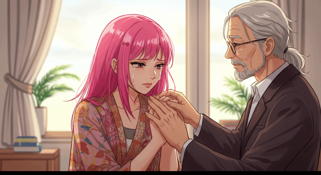 泣いている女性、慰める老人