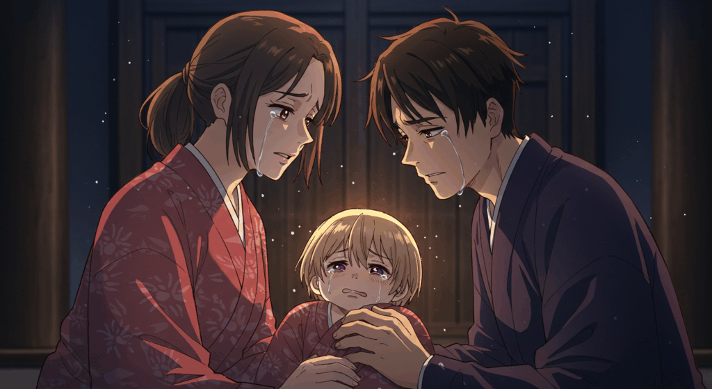 泣いている、パパ・ママ・子どものイラスト