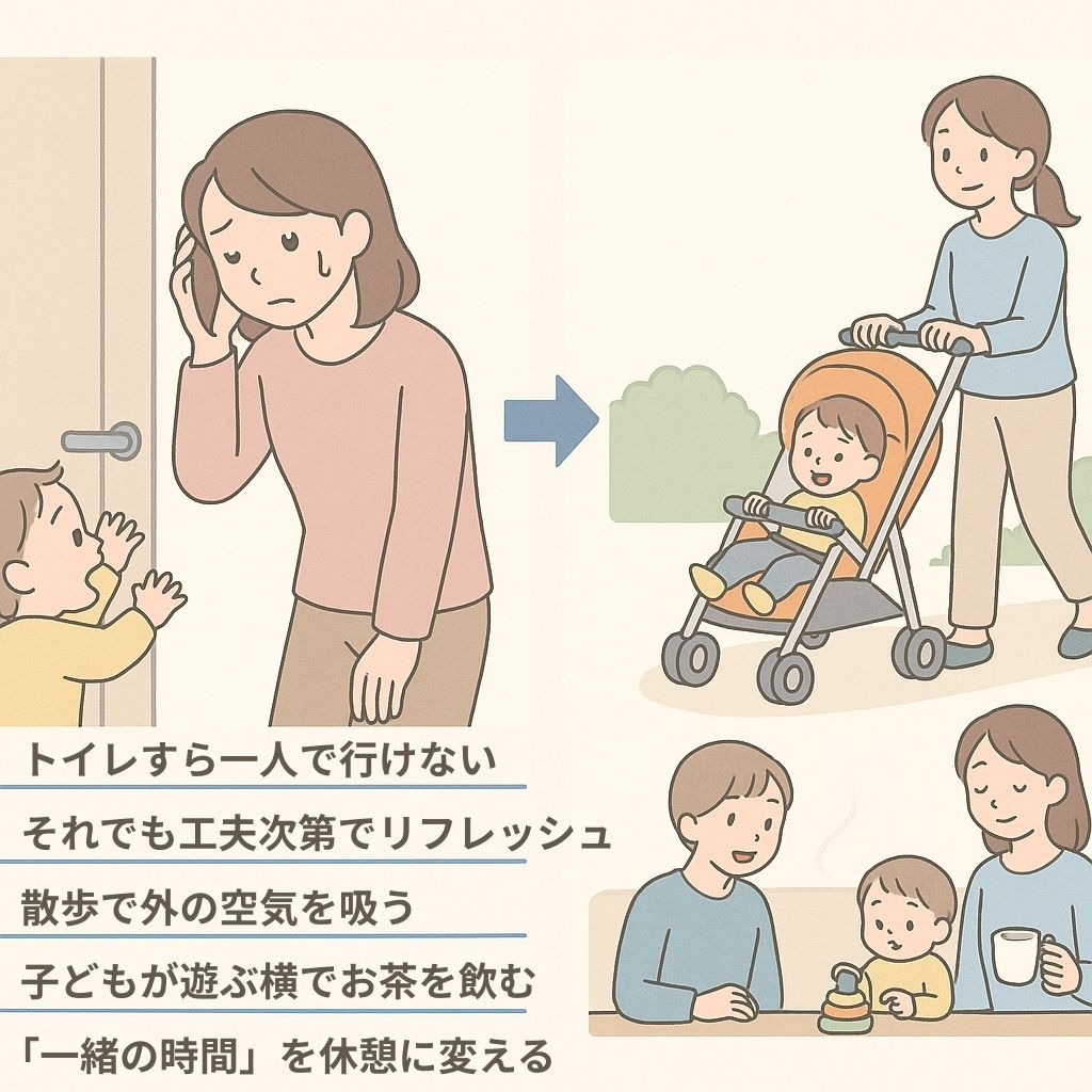 ドアの前のママと子、ベビーカーで散歩する親子、おもちゃとお茶を飲むママ